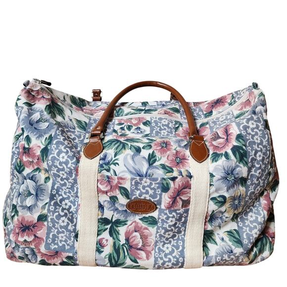 Gitano Floral Tapestry Weekender Duffle Bag With Leather Straps 90's Vintage - Picture 1 of 11